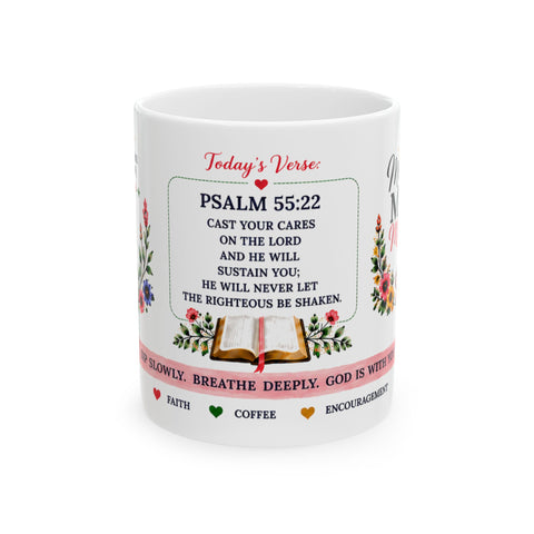 Bible Verse Ceramic Mug - Psalm 55:22 Inspirational Coffee Cup, Faith & Encouragement Gift